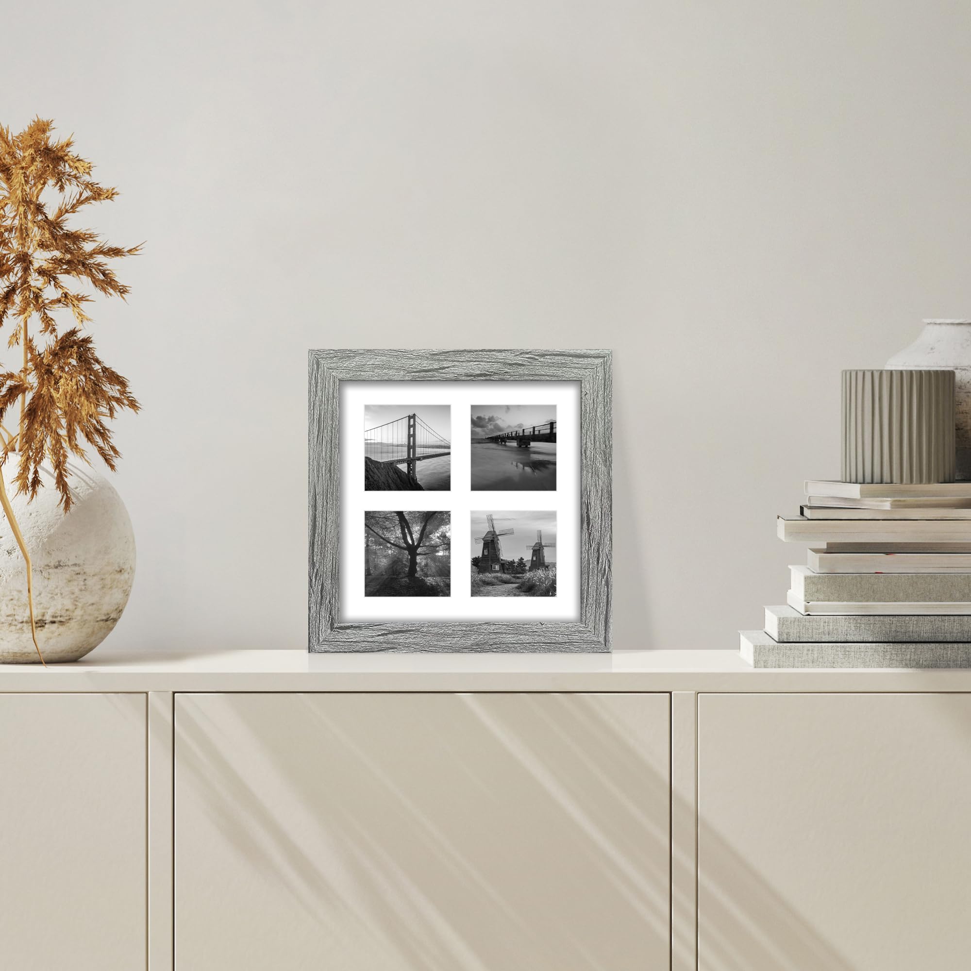 Hongkee 8x8 Picture Frame Set of 2, with Glass and Grey Wood Frames, Display Collage Four Opening 3x3 With Mat or 8 x 8 Without